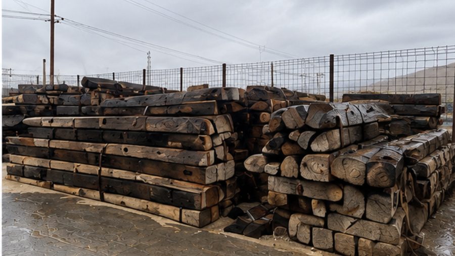 Durmientes de madera en desuso apilados en patio, remate Codelco